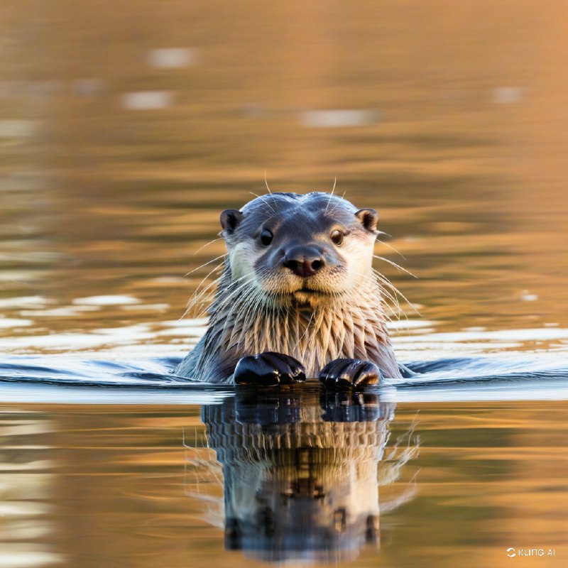 #Bing_Wallpaper夕阳时分，一只欧亚水獭从平静而金黄的水面中浮现的特写镜头