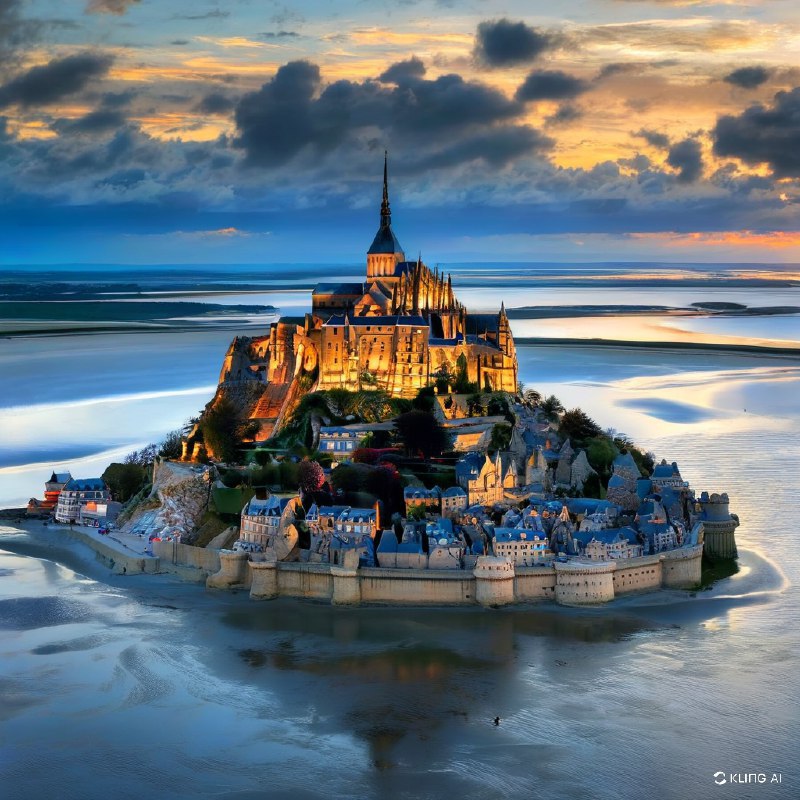 #Bing_Wallpaper在梦幻般的暮色中，创造蒙特圣米歇尔的图像，捕捉它那超凡脱俗的美