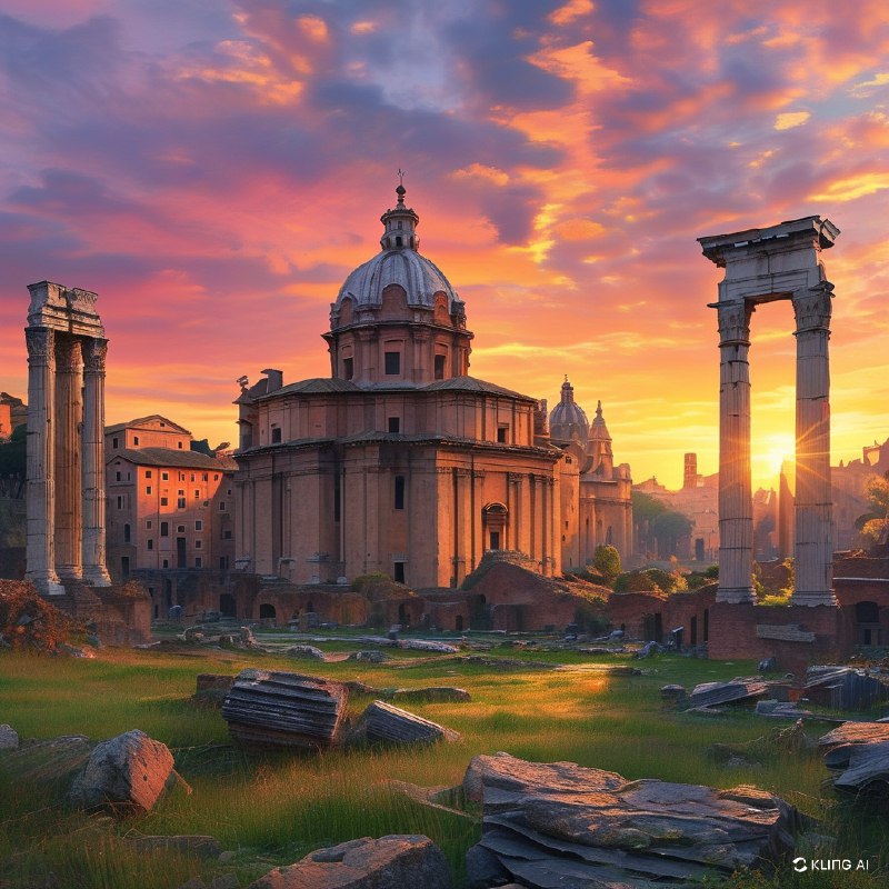 #Bing_Wallpaper“雄伟的罗马广场在日落时分展现出壮丽景象，宏伟的农神庙被古老的遗迹环绕，沐浴在温暖的金色和琥珀色光芒中