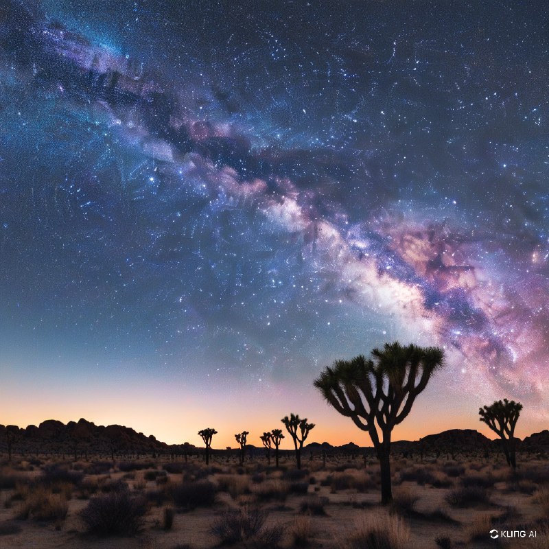 #Bing_Wallpaper在加利福尼亚荒野中，一片超凡脱俗的沙漠景观笼罩在迷人的银河光辉之下，天空中星辰繁密，色彩斑斓，弧形的银河壮丽地跨越在剪影般的约书亚树上方
