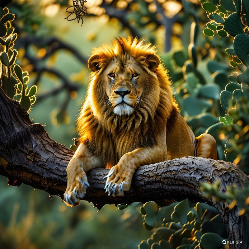 #Bing_Wallpaper“一只宁静的狮子安详地栖息在一根结实的树枝上，隐身于伊沙夏地区——乌干达伊丽莎白女王国家公园内密茂的仙人掌状树木的葱茏枝叶间