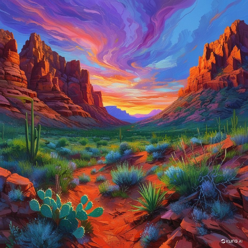 #Bing_Wallpaper“亚利桑那州塞多纳雄伟的红岩地貌，在一个充满活力的暮色天空下显得格外壮观，天空色彩迷离，紫色、粉色和蓝色交织，仿佛情感与能量的旋涡；崎岖的砂岩峭壁散发着温暖的琥珀色与深红色调，其间点缀着茂密的绿色沙漠植被；前景展现了沙漠植物的细节，包括鼠尾草和仙人掌，与土红色的地面形成鲜明对比；整个场景的鲜明宁静唤起一种神秘而超凡的氛围，画面以高度写实的高清风格呈现，巧妙平衡了戏剧性的光线与柔和的自然色彩