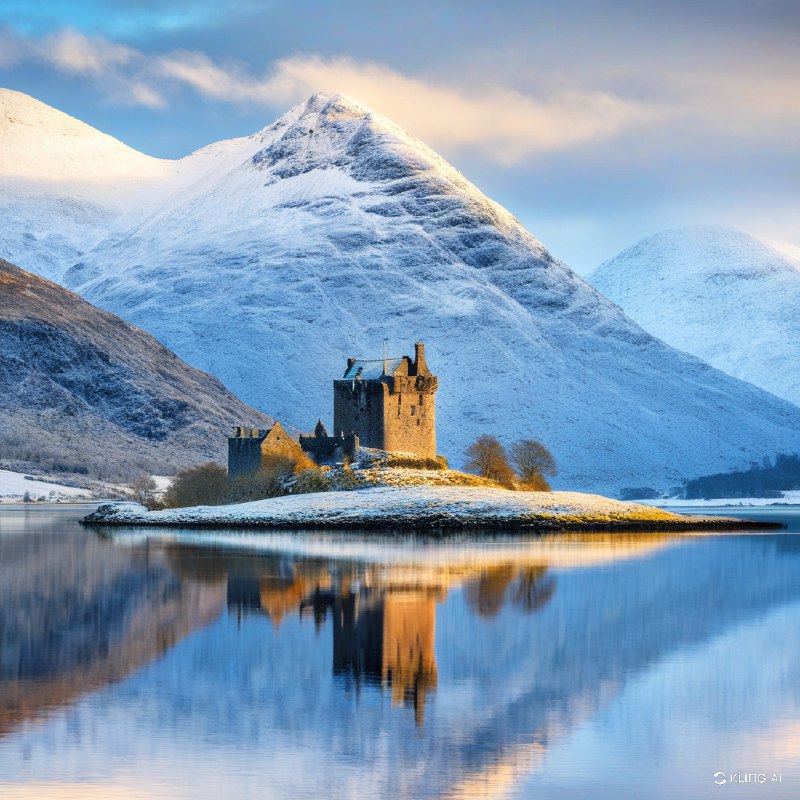 #Bing_Wallpaper“一座孤独的中世纪石堡静静矗立在洛奇湖宁静水域中央的一座小草地岛屿上，周围环绕着苏格兰高地飘渺的自然美景