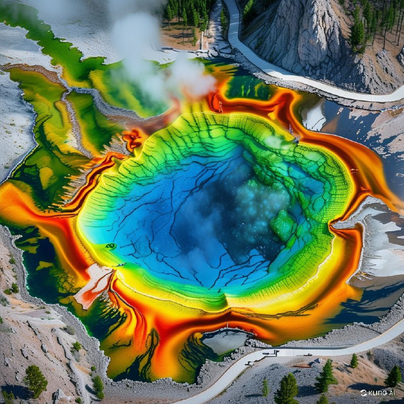 #Bing_Wallpaper密苏里州黄石国家公园的大棱镜泉空中美景，展示了其充满活力的地热之美