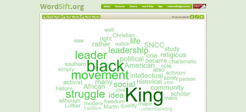 WordSift根据文本生成词云图，有助于识别文本中出现的高频单词，只需粘贴文本到输入框，点击 Sift! 即可快速生成#RePost #URL #Tool