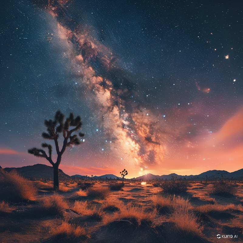 #Bing_Wallpaper在加利福尼亚荒野中，一片超凡脱俗的沙漠景观笼罩在迷人的银河光辉之下，天空中星辰繁密，色彩斑斓，弧形的银河壮丽地跨越在剪影般的约书亚树上方