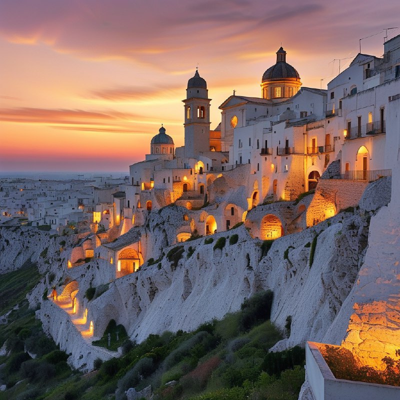 #Bing_Wallpaper“梦幻般的日落映照在意大利普利亚大区的奥斯图尼，这座被称为‘白色之城’的迷人山城，古老的白色建筑在暮色降临时沐浴在温暖的琥珀色和金色光辉中