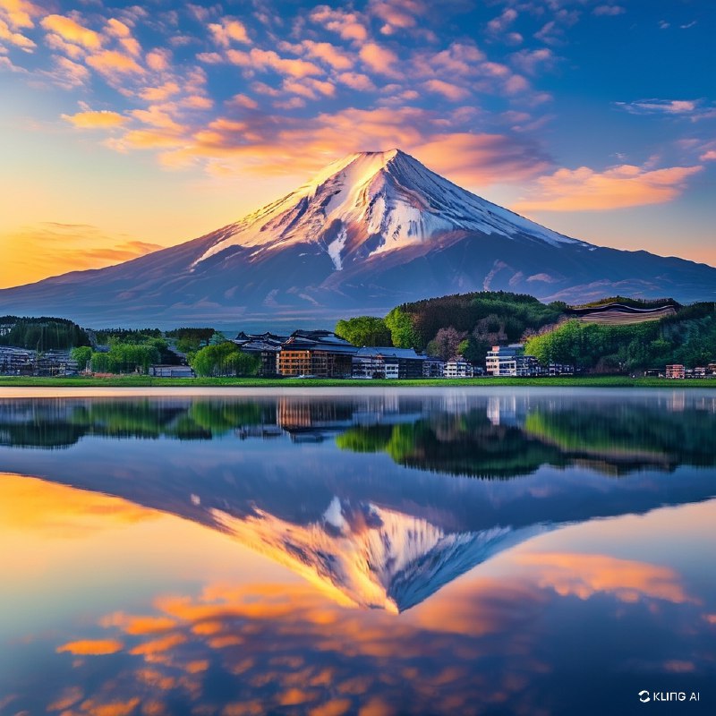 #Bing_Wallpaper旭日柔和的金色光芒洒在雄伟的富士山上，雪顶在温暖的光线中泛着光辉，完美地倒映在日本河口湖如镜的湖水中