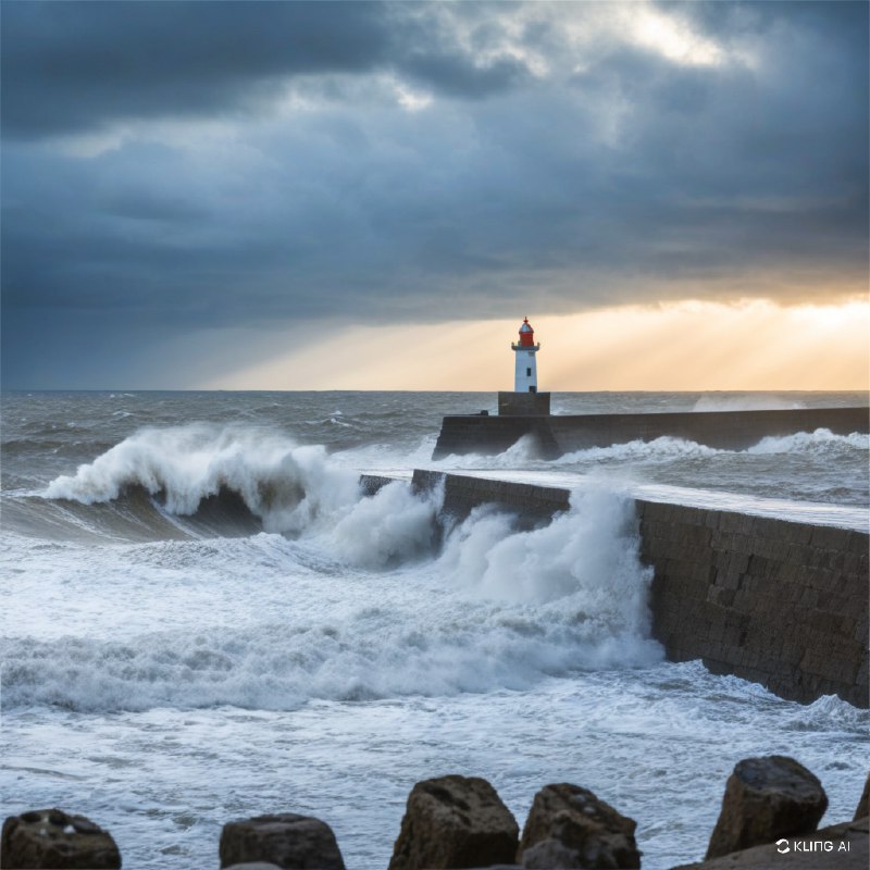 惊涛骇浪拍打着古老的石头码头，白色灯塔在远处高高矗立，天空阴云密布，隐约可见夕阳西下的景象，电影般的灯光，高对比度，动态构图