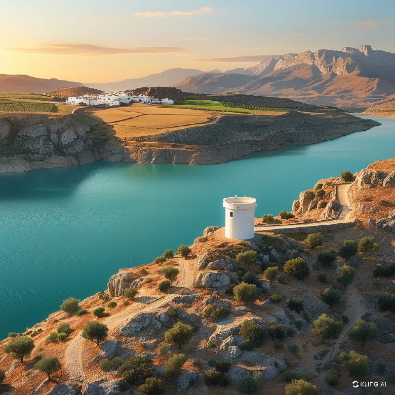 #Bing_Wallpaper“在西班牙加的斯省的萨哈拉德拉谢拉，一幅宁静的空中景象展现出夕阳下温暖的金色光辉