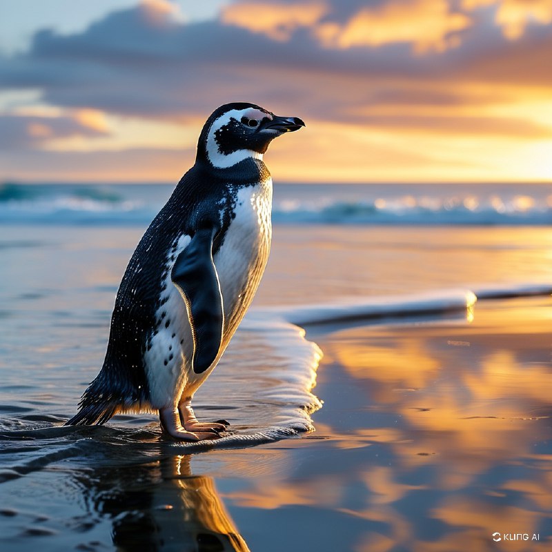 #Bing_Wallpaper“麦哲伦企鹅仿佛穿着天然的黑白‘燕尾服’，优雅地沿着福克兰群岛志愿者点那条闪闪发光、沐浴在金色晨光中的海岸线踱步