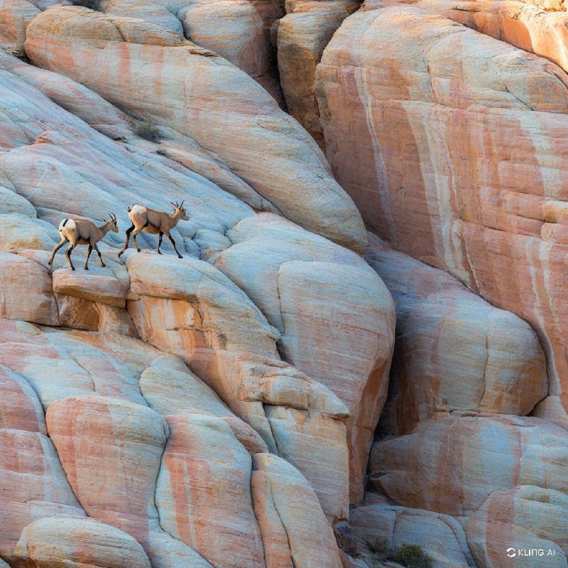#Bing_Wallpaper两只沙漠大角羊优雅地穿行于阳光照耀下内华达州火焰谷州立公园崎岖的地形上，栖息在色调柔和的砂岩地貌上