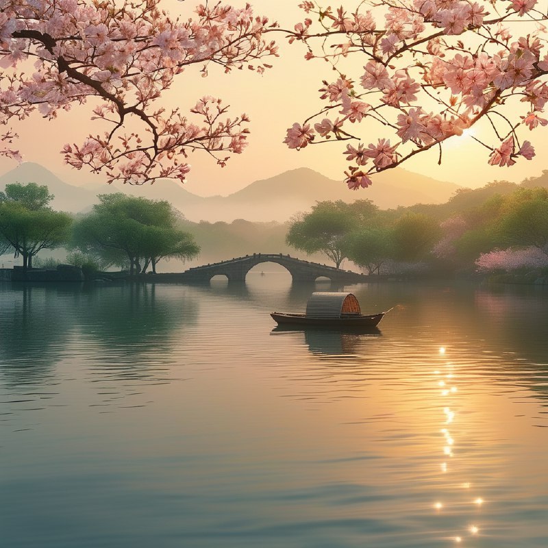 #Bing_Wallpaper“杭州春日静谧，满开的娇嫩樱花勾勒出如画的景色，在柔和的金色阳光下环绕着一片宁静的湖泊，传统的中国小船轻轻漂浮在如镜的水面上，远处一座拱形石桥隐没在清晨的薄雾中，郁郁葱葱的树木掺杂着粉色与绿色，形成鲜明的对比，氛围弥漫着梦幻般的宁静，捕捉了中国春日天堂的迷人之美