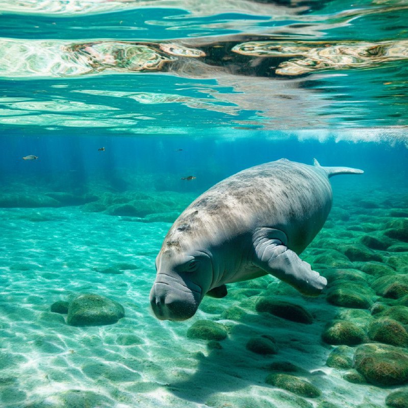 #Bing_Wallpaper在佛罗里达水晶河中的一个迷人的水下景象，一只温顺的海牛优雅地滑行在水面之下