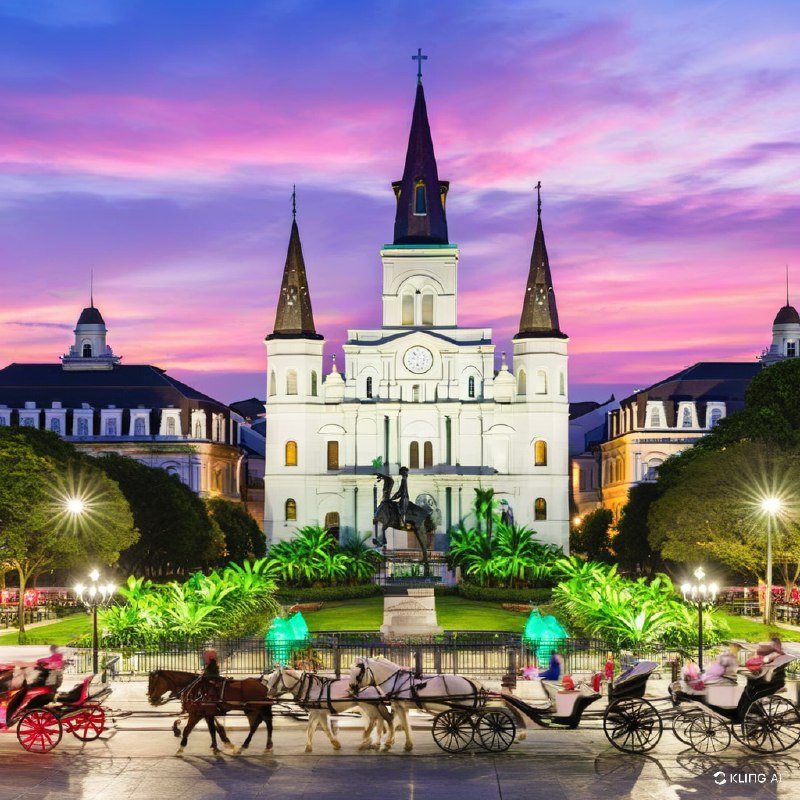 #Bing_Wallpaper"在路易斯安那州新奥尔良热闹的狂欢节庆典中，壮丽的杰克逊广场呈现出迷人的景象，辉煌灯光照耀下的圣路易斯大教堂以其标志性的尖塔矗立其中，被茂密的绿树和历史悠久的建筑映衬