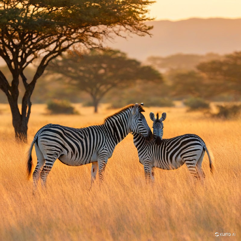 #Bing_Wallpaper两匹雄伟的平原斑马站立在金色的稀树草原上，沐浴在南非莫卡拉国家公园日出时温暖的金色光芒中