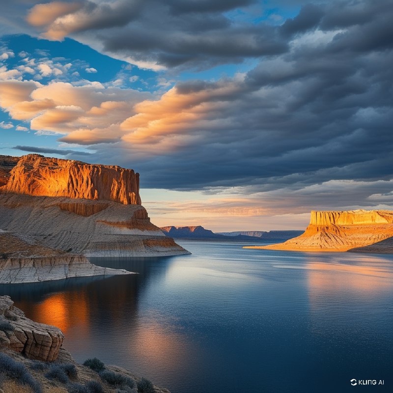 #Bing_Wallpaper"美国犹他州鲍威尔湖畔的阿尔斯特罗姆角，那辽阔而令人震撼的景致：金橙色的砂岩悬崖在夕阳的温暖光辉下熠熠生辉，长长的影子洒落在崎岖的地形上；湖水深沉宁静的湛蓝色与岩石炽烈的色调形成鲜明对比；远方的台地和平顶孤峰延绵至地平线，在天际下层次丰富的云层中展开，云朵呈现蓝、灰以及柔和桃色的交叠变化；悬崖上风化纹理与沉积层次的尖锐细节清晰可见；整个画面弥漫着一种静谧却雄伟的气息，唤起沉思与敬畏，描绘了一个具备高清晰度和现实感的电影级自然意境