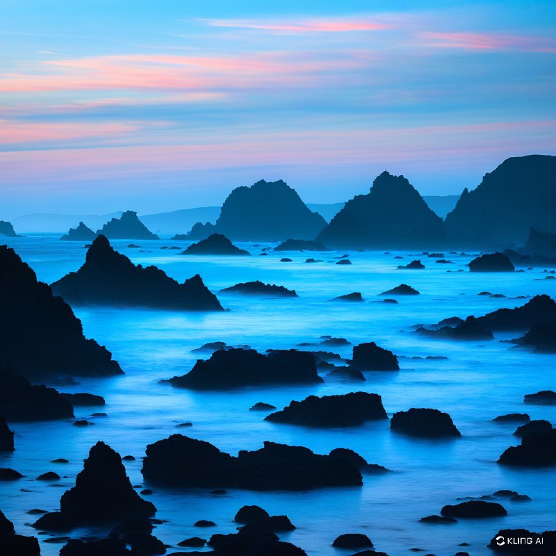 #Bing_WallpaperA mesmerizing coastal scene at twilight in Sonoma Coast State Park, California. The rugged shoreline is adorned with jagged, dark rock formations emerging from the serene ocean, creating a dramatic silhouette against the soft glow of dusk. The sky is a canvas of gentle blues and purples, with wisps of clouds painted in subtle shades of peach and pink, hinting at the day's end. The ocean is calm yet vibrant, with a misty haze enveloping the scene, adding depth and mystery. The overall composition captures the tranquil yet majestic essence of the tidal landscape, evoking a sense of peace and wonder. The image is rich in color and texture, embodying an impressionistic, almost ethereal style that highlights the natural beauty and dynamic interplay of light and shadow.加州索诺马海岸州立公园黄昏时分迷人的海岸景象