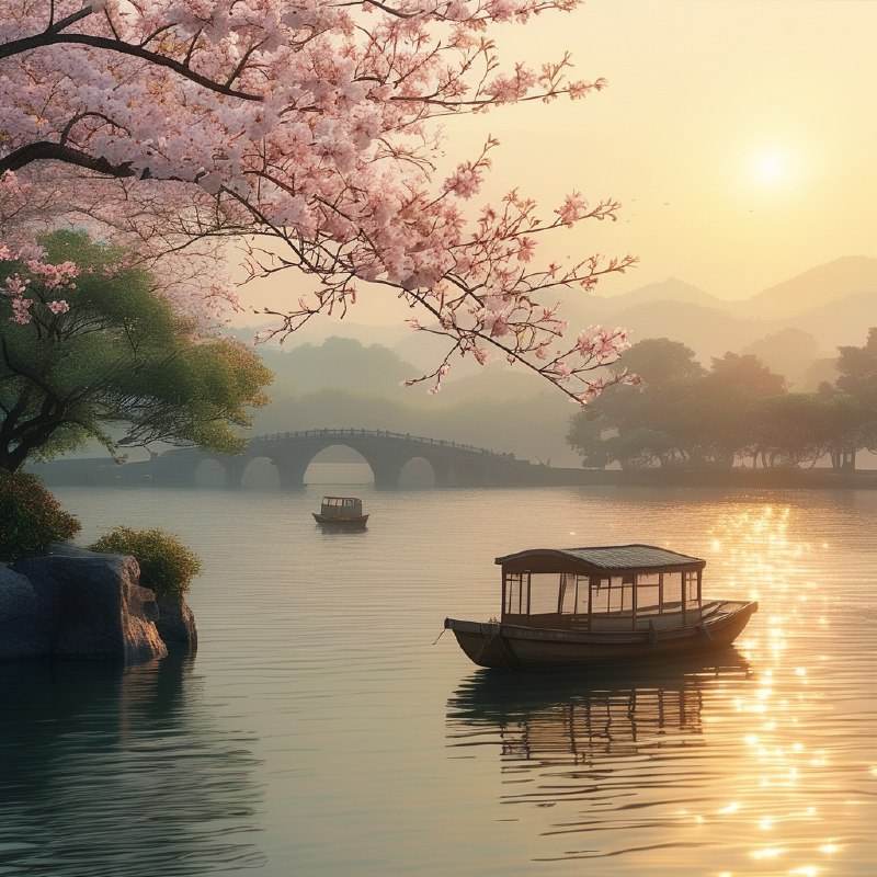 #Bing_Wallpaper“杭州春日静谧，满开的娇嫩樱花勾勒出如画的景色，在柔和的金色阳光下环绕着一片宁静的湖泊，传统的中国小船轻轻漂浮在如镜的水面上，远处一座拱形石桥隐没在清晨的薄雾中，郁郁葱葱的树木掺杂着粉色与绿色，形成鲜明的对比，氛围弥漫着梦幻般的宁静，捕捉了中国春日天堂的迷人之美