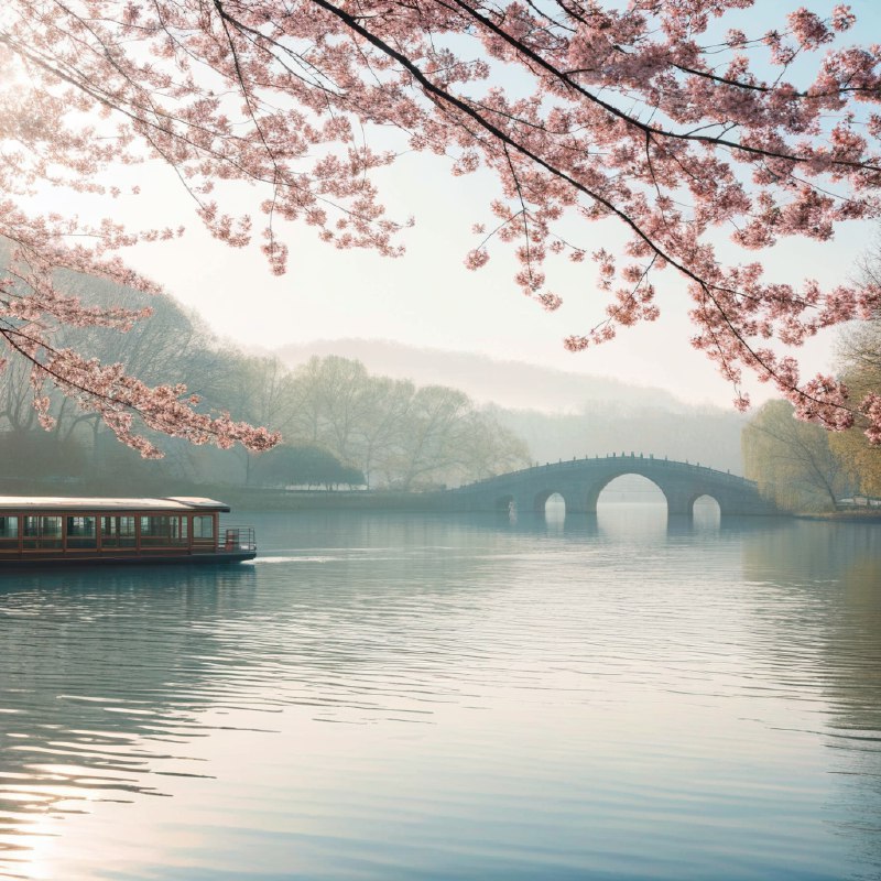 #Bing_Wallpaper“杭州春日静谧，满开的娇嫩樱花勾勒出如画的景色，在柔和的金色阳光下环绕着一片宁静的湖泊，传统的中国小船轻轻漂浮在如镜的水面上，远处一座拱形石桥隐没在清晨的薄雾中，郁郁葱葱的树木掺杂着粉色与绿色，形成鲜明的对比，氛围弥漫着梦幻般的宁静，捕捉了中国春日天堂的迷人之美