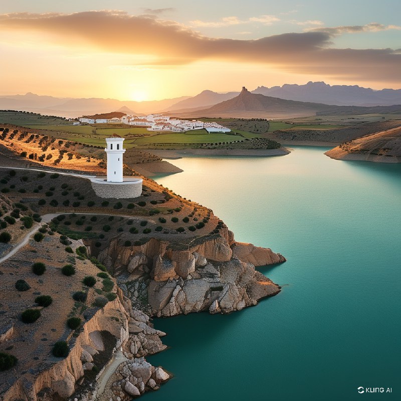 #Bing_Wallpaper“在西班牙加的斯省的萨哈拉德拉谢拉，一幅宁静的空中景象展现出夕阳下温暖的金色光辉