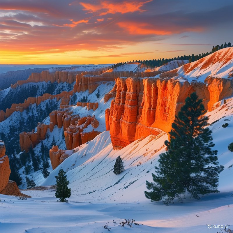 #Bing_Wallpaper雄伟的砂岩岩柱在犹他州布莱斯峡谷国家公园的洁白雪床上戏剧性地矗立，橙红色与火红色的石柱在日出或日落时的柔光下散发着金色的光辉