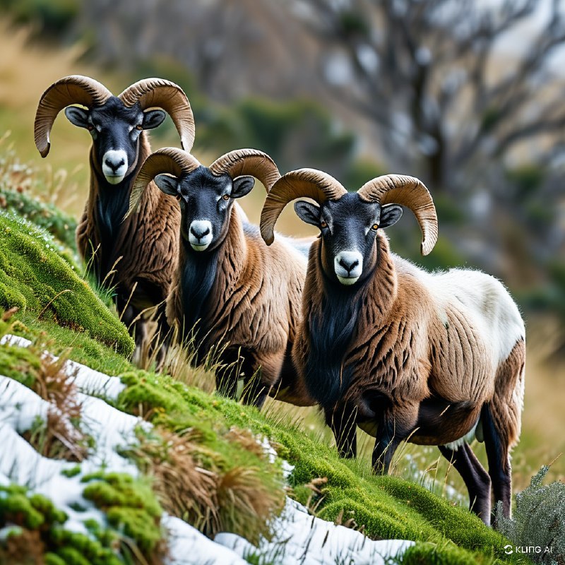 #Bing_Wallpaper一群宁静而威严的长角绵羊站立在新西兰的一处草地上，草地上零星点缀着白雪