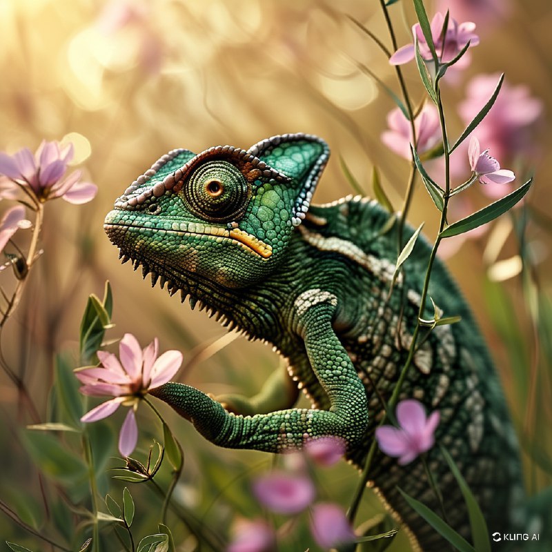 #Bing_Wallpaper“一只伪装成浅粉色野花草地的变色龙，巧妙地与周围环境融为一体，却又凭借其复杂的纹理图案在米色、橄榄绿和深棕色的不同色调中微微凸显出来