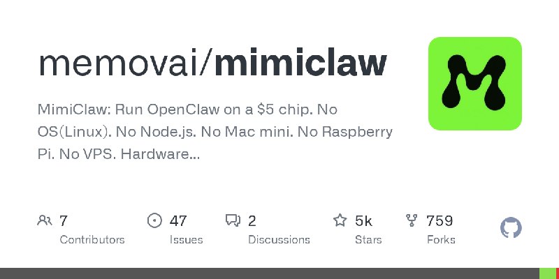 GitHub - memovai/mimiclaw: MimiClaw: Run OpenClaw on a $5 chip. No OS(Linux). No Node.js. No Mac mini. No Raspberry Pi. No VPS.…