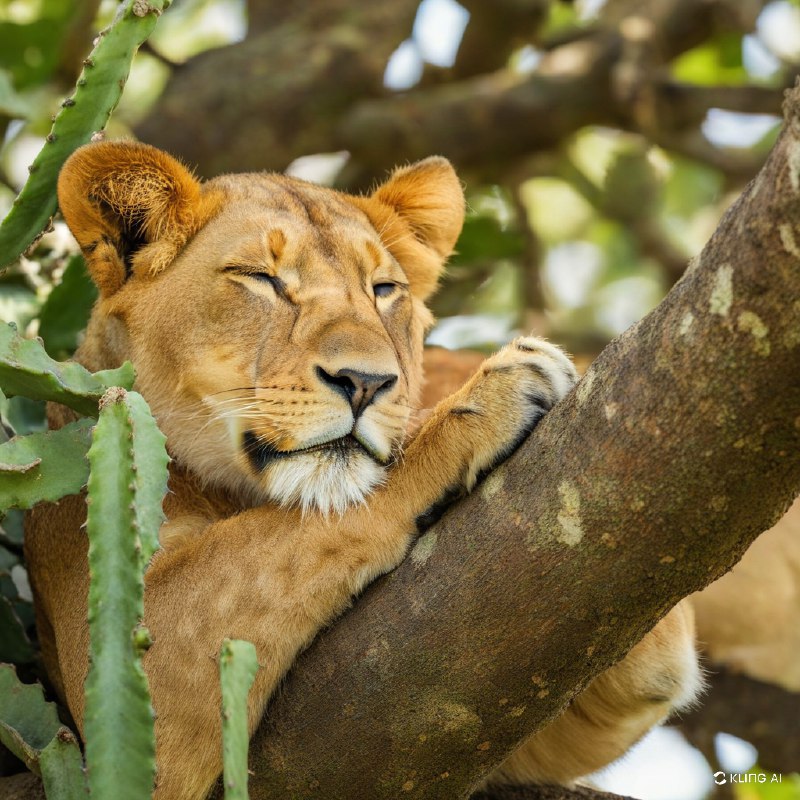 #Bing_Wallpaper“一只宁静的狮子安详地栖息在一根结实的树枝上，隐身于伊沙夏地区——乌干达伊丽莎白女王国家公园内密茂的仙人掌状树木的葱茏枝叶间