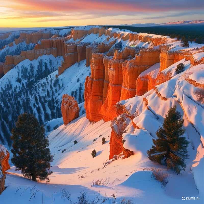 #Bing_Wallpaper雄伟的砂岩岩柱在犹他州布莱斯峡谷国家公园的洁白雪床上戏剧性地矗立，橙红色与火红色的石柱在日出或日落时的柔光下散发着金色的光辉