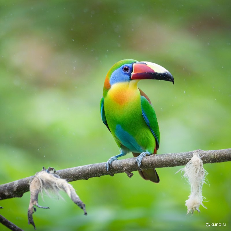 一只生机勃勃的蓝喉巨嘴鸟栖息在树枝上，羽毛呈鲜艳的绿色和蓝色，喙呈醒目的黑白相间，背景是哥斯达黎加洛斯克萨莱斯国家公园郁郁葱葱的森林，光线柔和而模糊