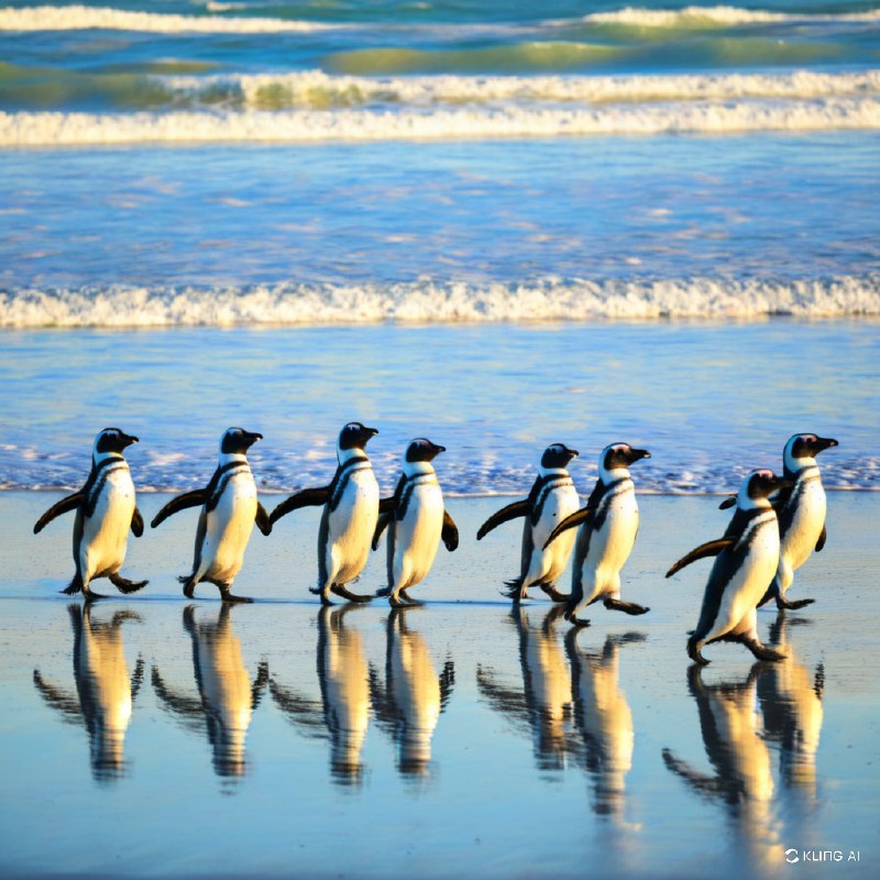 #Bing_Wallpaper“麦哲伦企鹅仿佛穿着天然的黑白‘燕尾服’，优雅地沿着福克兰群岛志愿者点那条闪闪发光、沐浴在金色晨光中的海岸线踱步