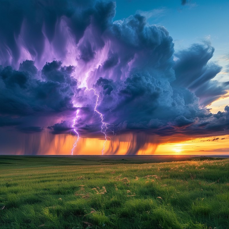 #Bing_Wallpaper“在日落时分，内布拉斯加州宽广的平原上，一场壮丽的雷暴正肆虐