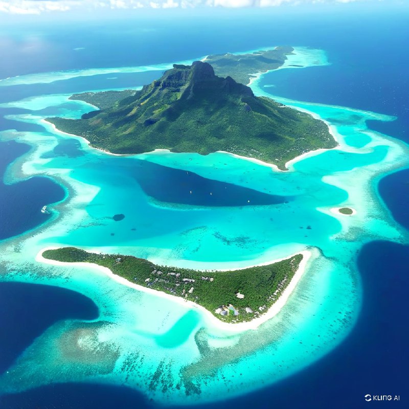 法属波利尼西亚波拉波拉岛鸟瞰图，展示了一个郁郁葱葱的绿色岛屿，四周环绕着清澈的绿松石泻湖和珊瑚礁