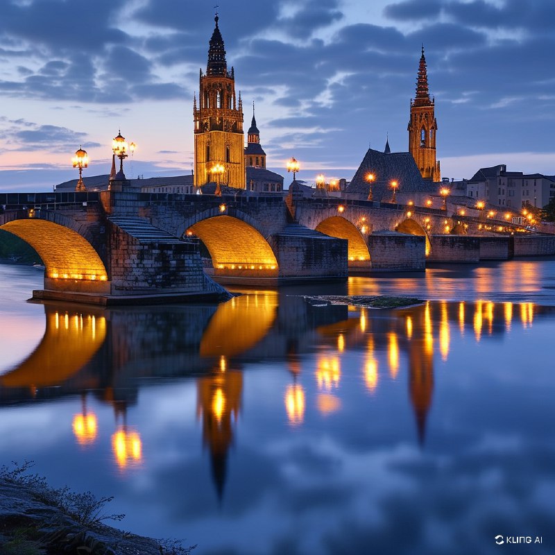 #Bing_Wallpaper黄昏时分，一座历史悠久的多拱石桥横跨宽阔的河流，风景如画