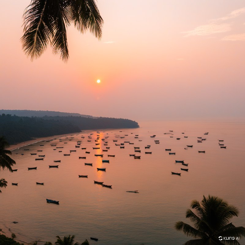 夕阳下宁静的海滩景色，渔船散落在水面上，海岸线上的棕榈树和朦胧的天空，捕捉到了果阿海岸风景的宁静之美