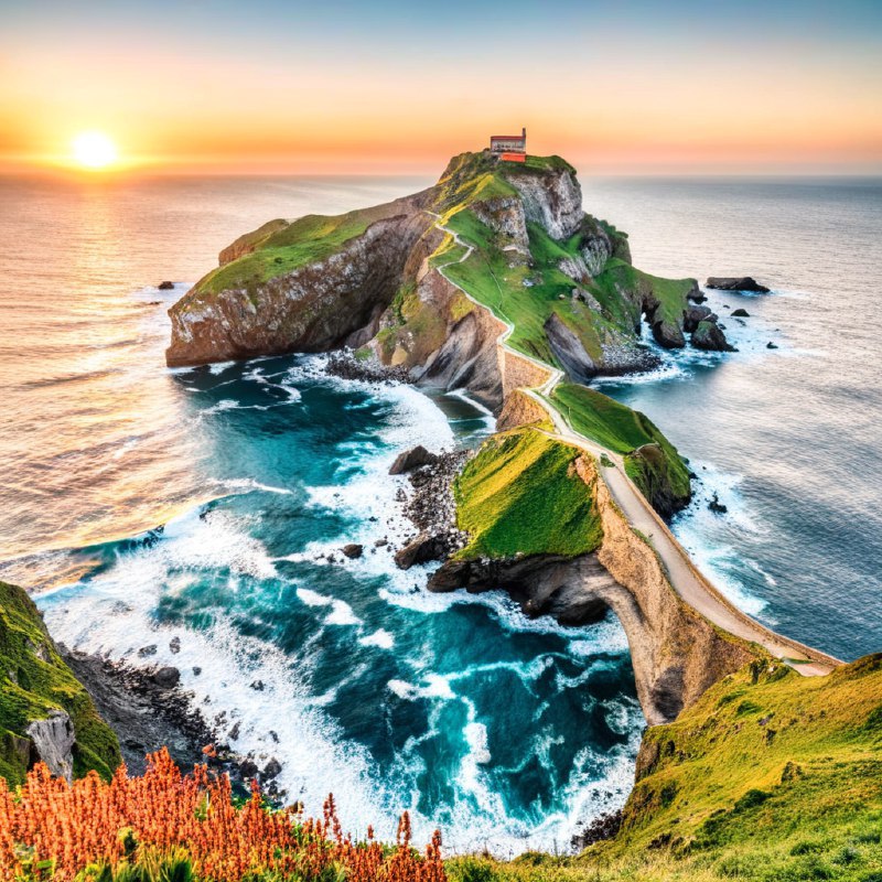 #Bing_Wallpaper在西班牙巴斯克地区，日落时分的加斯特卢加特谢岛展现出令人叹为观止的景色