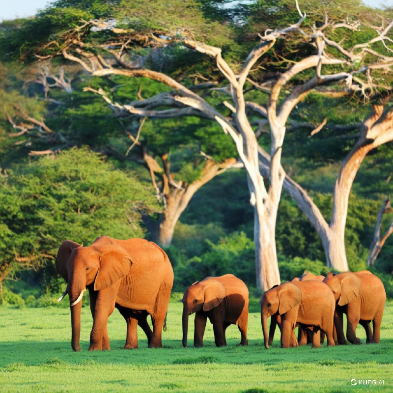 肯尼亚察沃东国家公园郁郁葱葱的平原上，非洲大象家族整齐划一地走过，呈现出一幅宁静的风景画