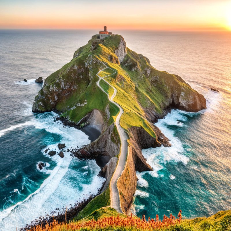 #Bing_Wallpaper在西班牙巴斯克地区，日落时分的加斯特卢加特谢岛展现出令人叹为观止的景色