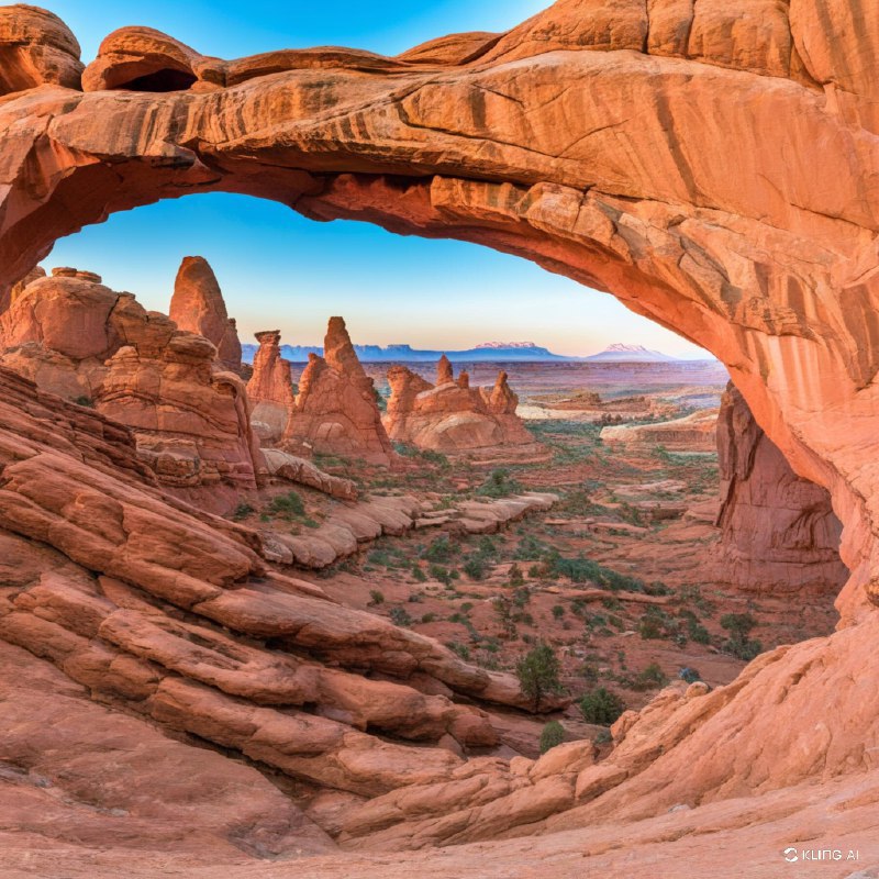 透过一个巨大的天然石拱门，远处的另一组拱门展现在眼前，令人叹为观止，这组拱门位于美国犹他州拱门国家公园内