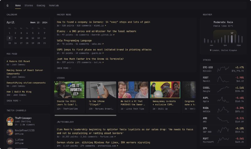 Glance - 自定义个人仪表盘在程序上自定义UI界面加入喜欢的信息内容（如RSS订阅 版块 帖子 天气 备忘录 注意事 书签 频道推送 日历 股票 内嵌框架 GitHub 发布 存储库概述 监控探针）