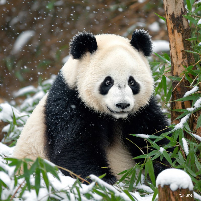 #Bing_Wallpaper可爱的熊猫宝宝置身于宁静的雪景中，周围环绕着积有薄雪的翠绿色竹叶