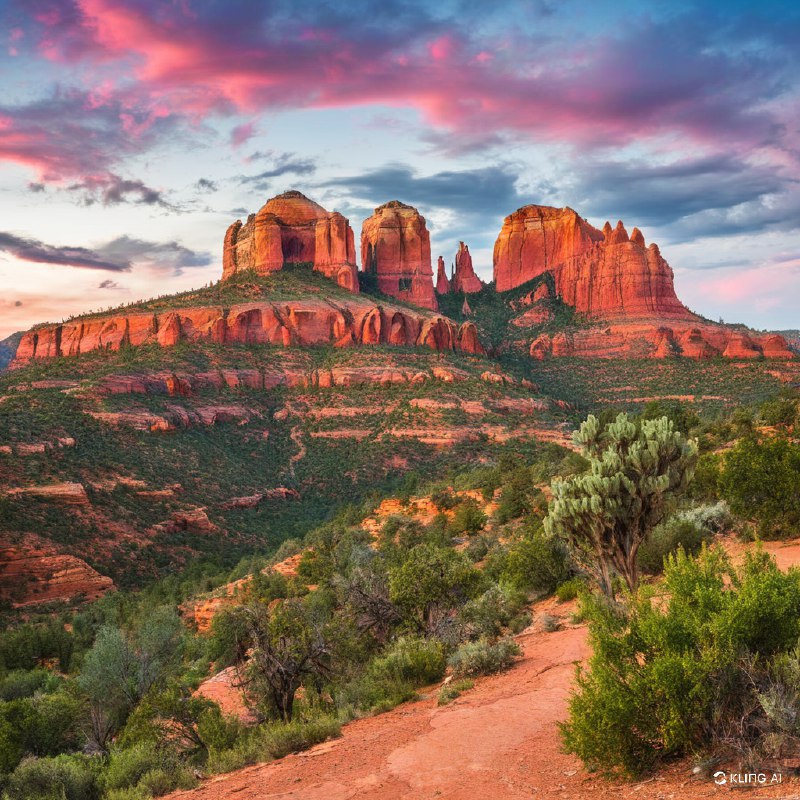 #Bing_Wallpaper“亚利桑那州塞多纳雄伟的红岩地貌，在一个充满活力的暮色天空下显得格外壮观，天空色彩迷离，紫色、粉色和蓝色交织，仿佛情感与能量的旋涡；崎岖的砂岩峭壁散发着温暖的琥珀色与深红色调，其间点缀着茂密的绿色沙漠植被；前景展现了沙漠植物的细节，包括鼠尾草和仙人掌，与土红色的地面形成鲜明对比；整个场景的鲜明宁静唤起一种神秘而超凡的氛围，画面以高度写实的高清风格呈现，巧妙平衡了戏剧性的光线与柔和的自然色彩