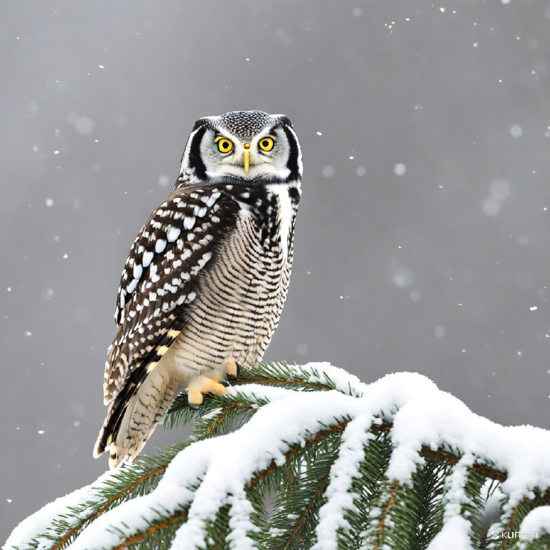 #Bing_Wallpaper"苍凉的北方雀鹰栖息在覆盖着薄雪的常绿树枝上，背景是一片柔和模糊的灰色冬季天空