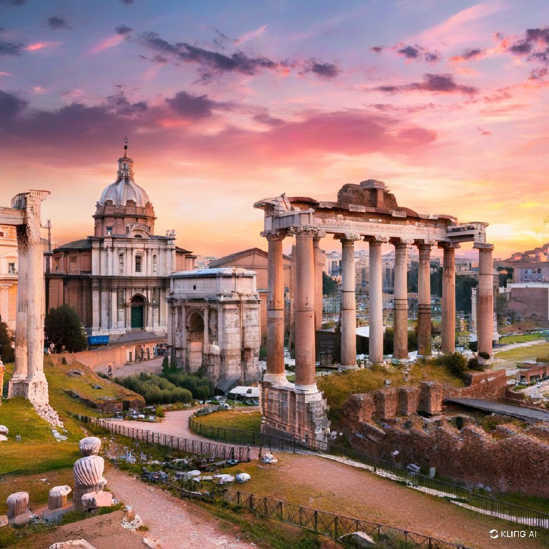 #Bing_Wallpaper“雄伟的罗马广场在日落时分展现出壮丽景象，宏伟的农神庙被古老的遗迹环绕，沐浴在温暖的金色和琥珀色光芒中