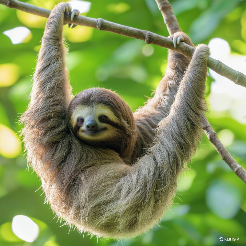 在一片郁郁葱葱的热带雨林中，一只三趾树懒挂在树枝上，毛发细致，斑驳的阳光透过树叶，表情安详，自然栖息地，高分辨率，野生动物摄影"，"风格"："写实"，"情绪"："宁静"在一片郁郁葱葱的热带雨林中，一只三趾树懒挂在树枝上，毛发细致，斑驳的阳光透过树叶，表情安详，自然栖息地，高分辨率，野生动物摄影"，"风格"："写实"，"情绪"："宁静"
