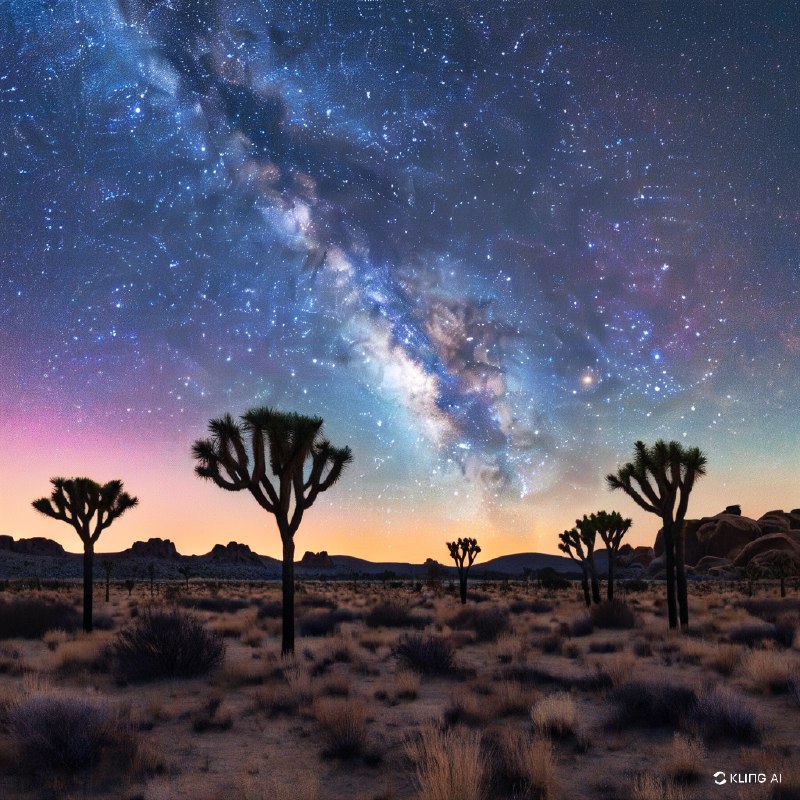 #Bing_Wallpaper在加利福尼亚荒野中，一片超凡脱俗的沙漠景观笼罩在迷人的银河光辉之下，天空中星辰繁密，色彩斑斓，弧形的银河壮丽地跨越在剪影般的约书亚树上方