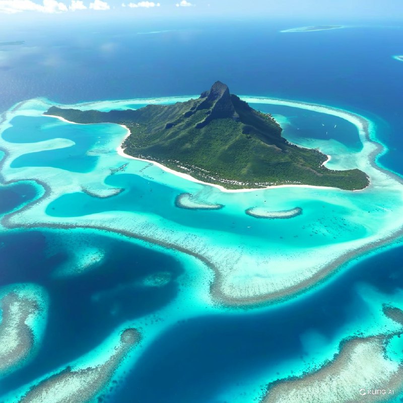 法属波利尼西亚波拉波拉岛鸟瞰图，展示了一个郁郁葱葱的绿色岛屿，四周环绕着清澈的绿松石泻湖和珊瑚礁