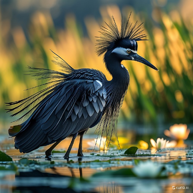 #Bing_Wallpaper一只黑鹭正在展示其标志性的“伞形觅食”技巧，深色的羽毛张开形成一个戏剧性的圆形伞状穹顶，几乎触及水面，营造出一种飘渺而富有层次感的拱形景观